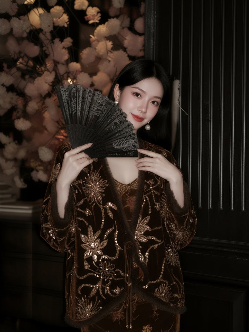 Yailla Versatile New Chinese Retro Rich and Noble Temperament Light Luxury Mink Fur Lined Embroidered Beaded Top and Jacket Set + V-Neck Jacquard Slip Dress Women'S Set Niche Design Tang Coat Suit - Image 3